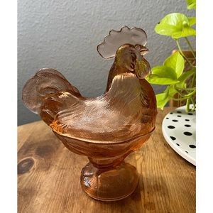 Pink Rooster Candy Dish, Carnival Glass